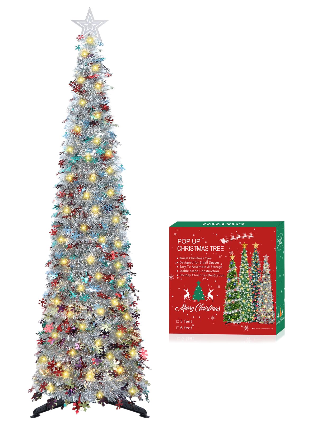 HMASYO 5 FT Pop Up Christmas Tree with Timer Lights, Colored Silver Tinsel Snowflake Christmas Tree, Collapsible Artificial Pencil Tree Xmas