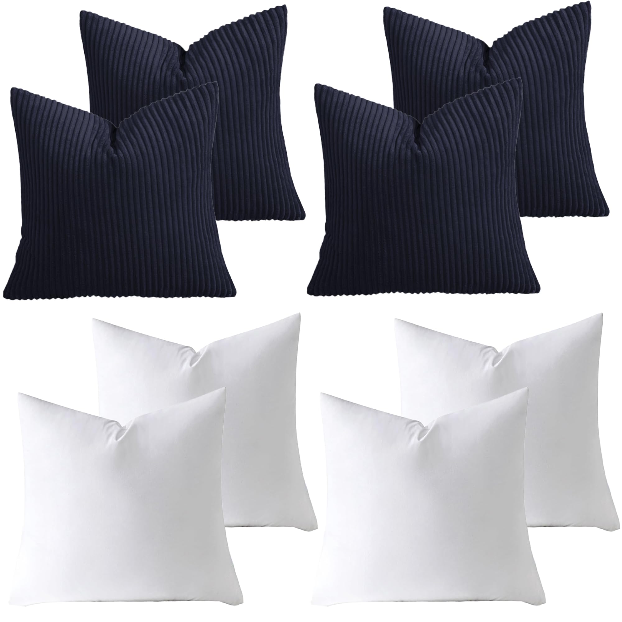 AMEHA Stripe Navy Cushions with Covers included 45 x 45 cm Pack of 4 (4 Covers, 4 Inserts) Decorative Square Throw Pillowcases for Couch Bedroom Sofa with Invisible Zipper 18x18 inches