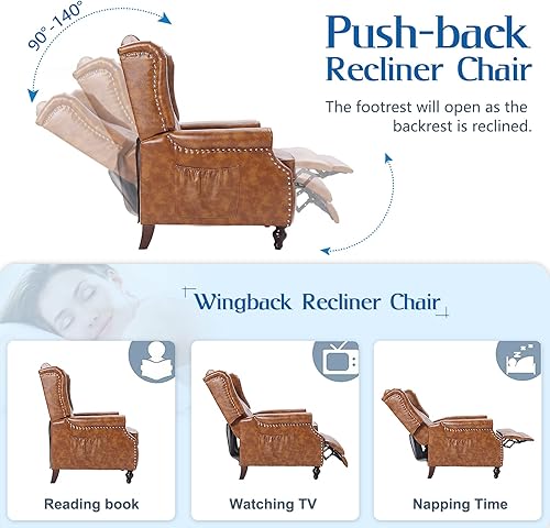 Miniatura 4 de Consofa Wingback - Silla reclinable con masaje y calor de piel sintética con respaldo para sala de estar, silla reclinable vintage con control