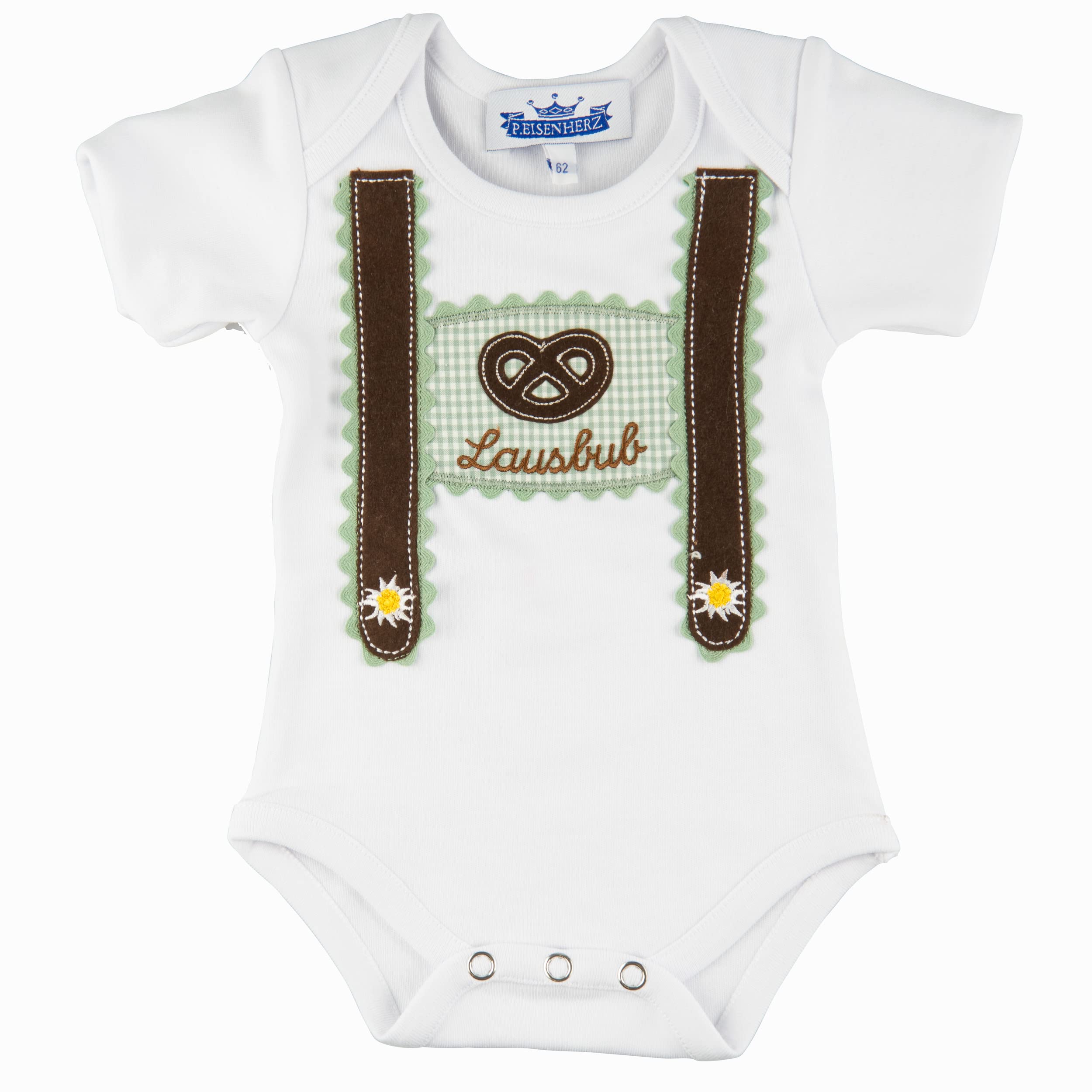Trachten Set für Lausbuben im Geschenkkarton: Baby Body mit kurzem Arm und Applikation Hosenträger und Baby Jogginghose Lederhosen Look, braun/grün