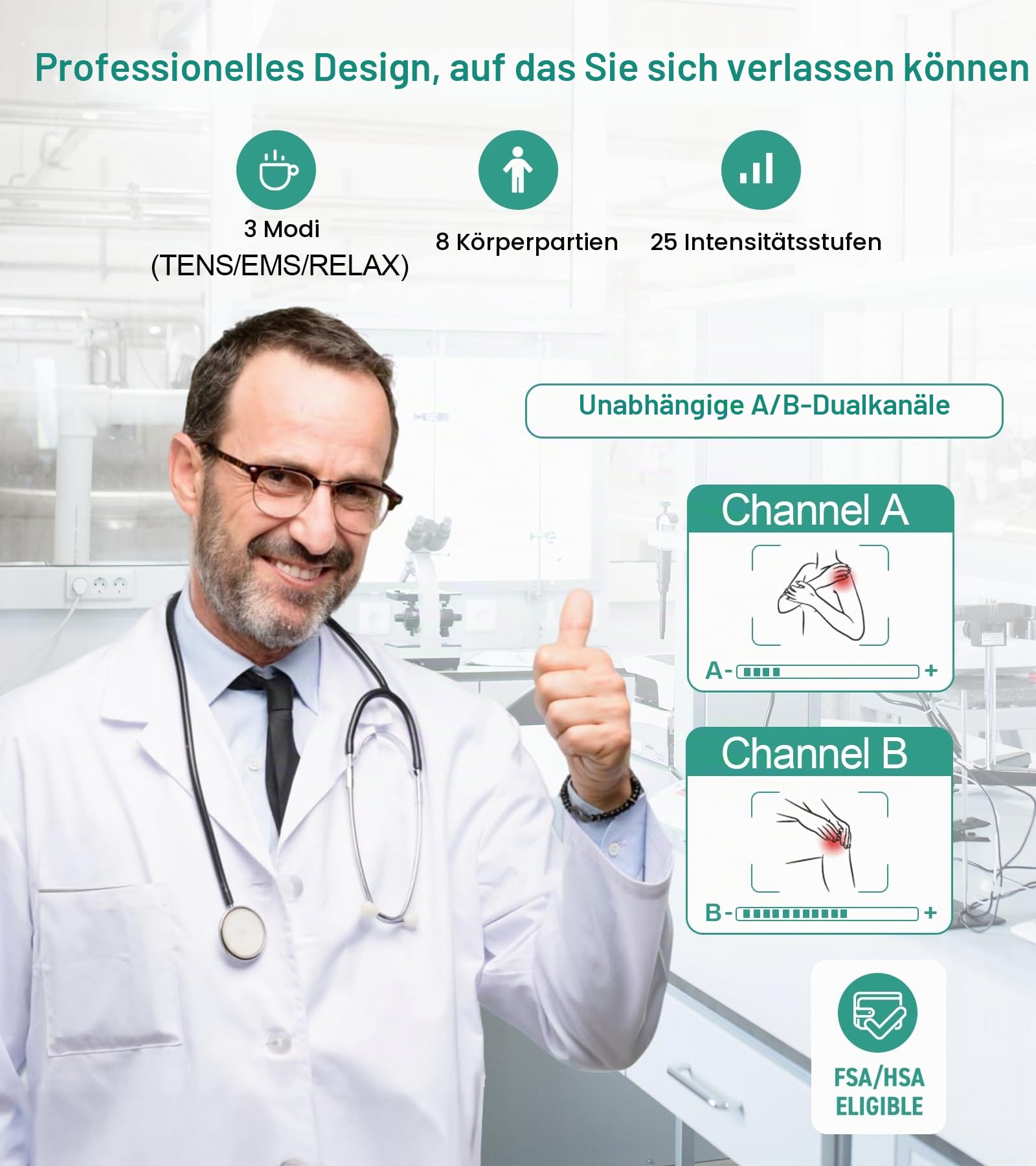 Medcursor TENS Gerät Muskelstimulator – Kabelloses 3-in-1 Dual-Channel EMS mit App Steuerung & Speicherfunktion, 25 Intensitätsstufen, 8 Programme, für Rückenschmerzen (Schwarz)
