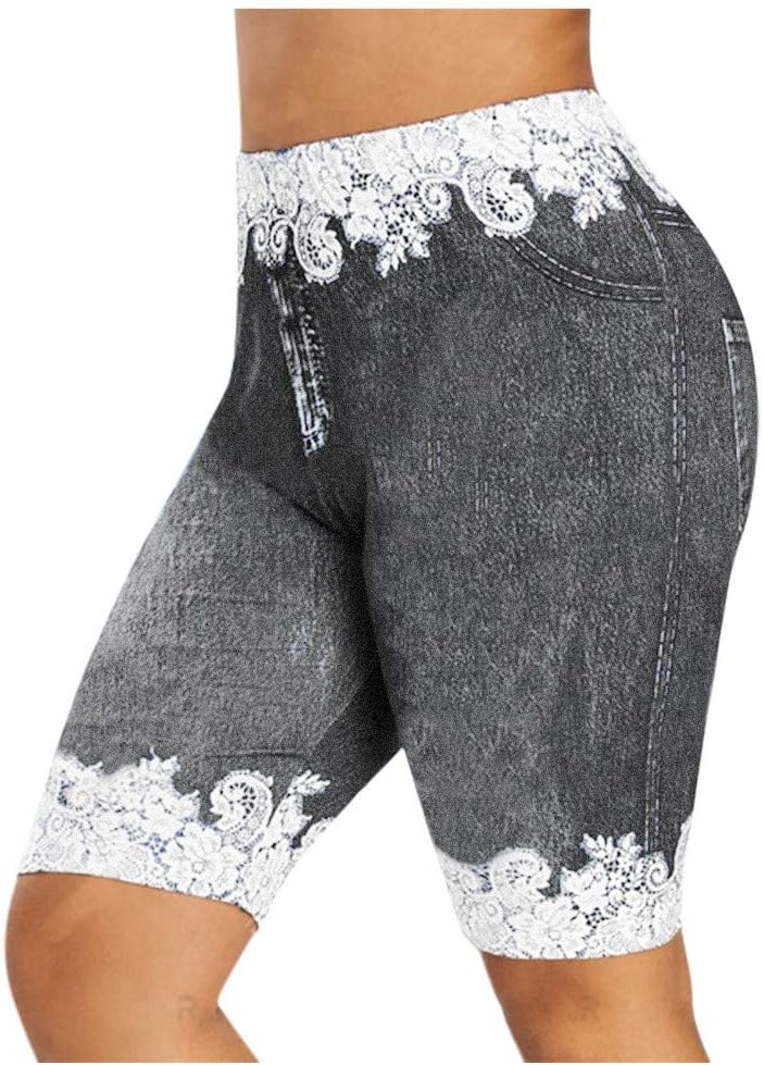 JOFOW Womens Leggings Solid Basic Lace Cuff High Waist Stretch Long Yoga Pants