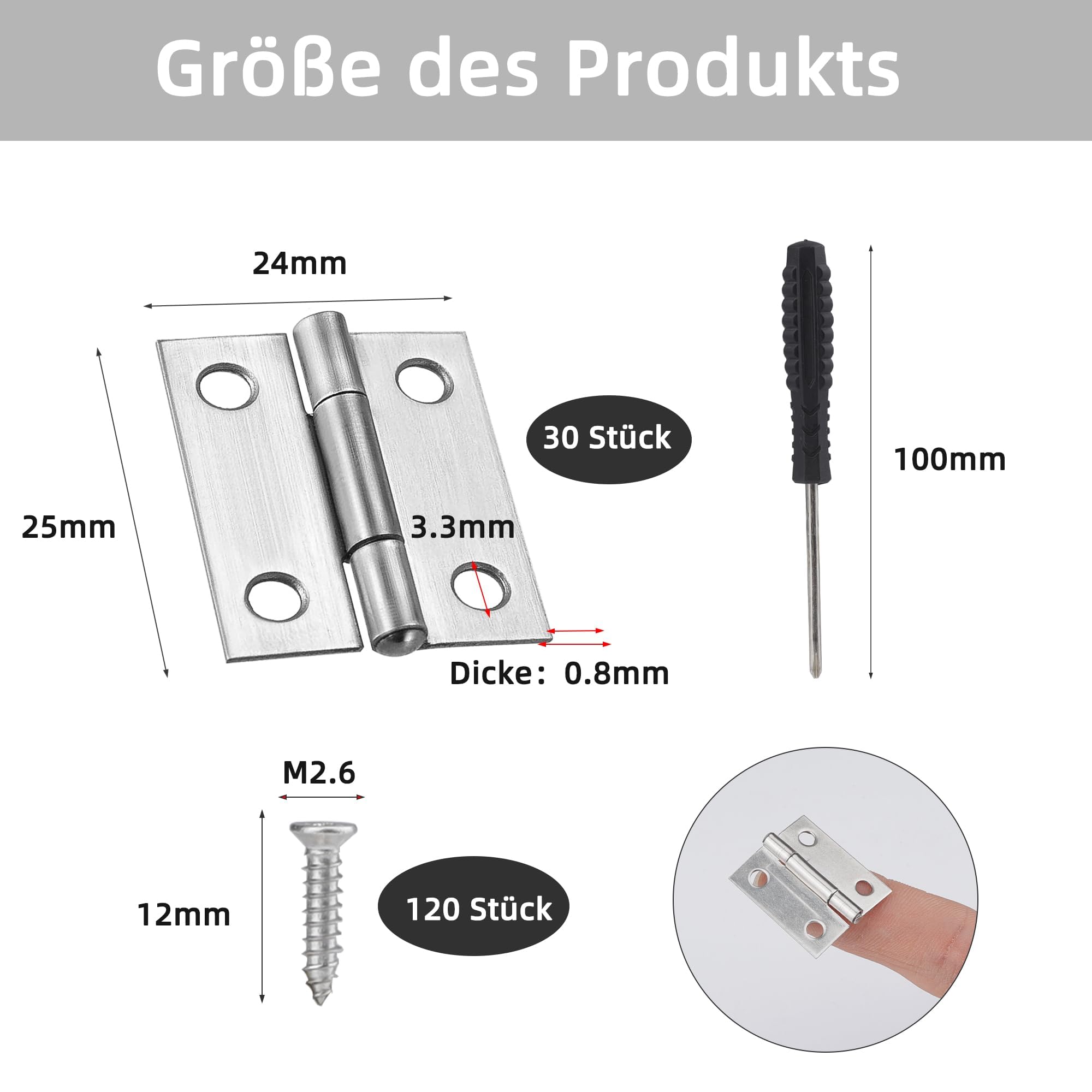 Roosea 30 Pcs Mini Hinges 25 * 24 * 0.8 mm for Dolls House with 120 Pcs Hinge Screws and Screwdriver - Silver - Image 3