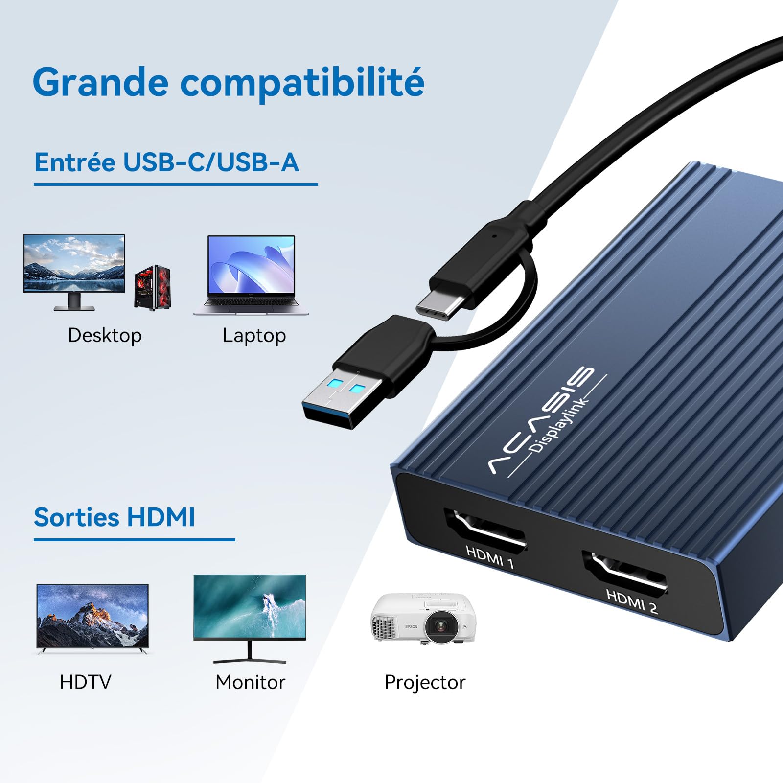 Acasis Adaptateur DisplayLink USB C vers Double HDMI, 2 HDMI, 100 W PD Charging, Station d'accueil DisplayLink pour Apple Mac M1/M2/M3/M4/Macbook Pro/Air/Neo, Adaptateur USB A/C vers Double Moniteur