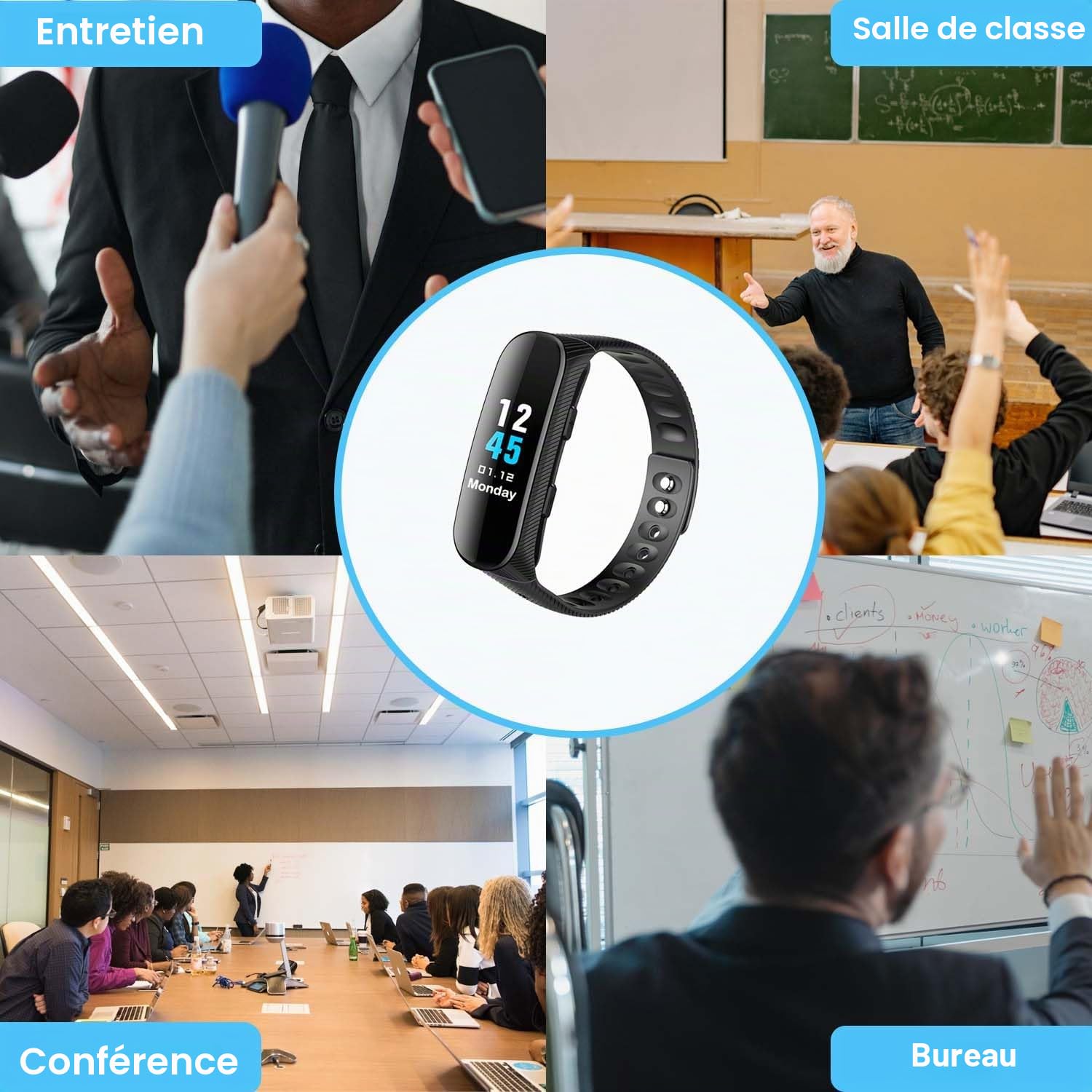 Enregistreur vocal Bracelet 16 Go Enregistreur vocal professionnel avec activation vocale et lecteur MP3 horloge avec enregistreur vocal rechargeable USB pour réunions interviews leçons