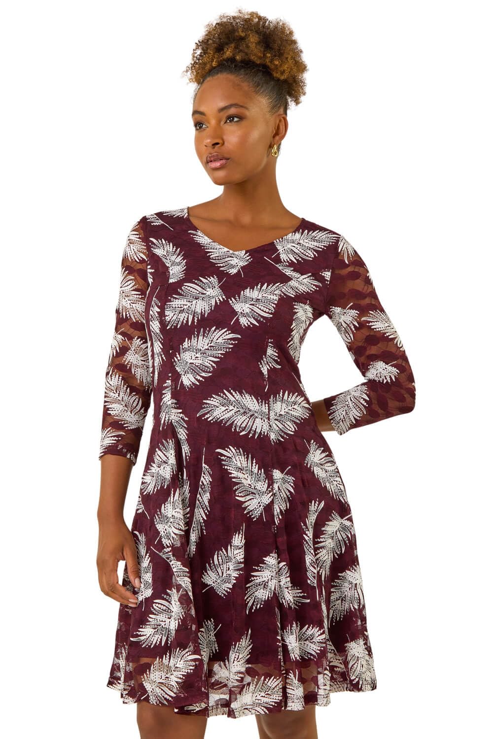 Roman Women's Wine Leaf Print Lace Stretch Dress Size 16