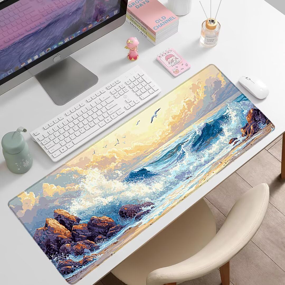 Podkładka pod mysz XXL Ocean - 1600x800x3mm - krajobraz Duża mata na biurko z przeszytymi krawędziami Wodoodporna antypoślizgowa do komputera, laptopa poprawia precyzję i szybkość. -36720