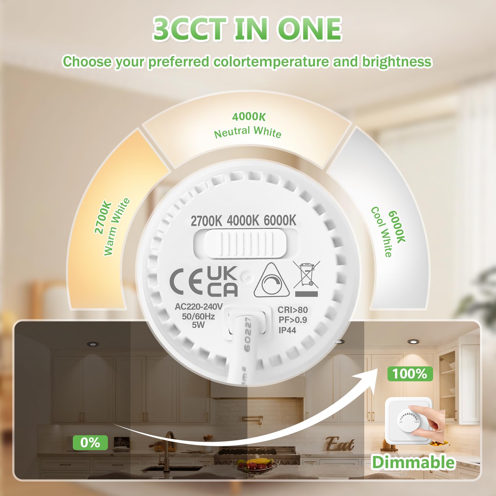 YindaLux Faretti da incasso 230V 5W Dimmerabile 2700K 4000K 6000K, Girevole a 45°, GU10 Faretti led soffitto Nichel, Diametro Foro Ø68-80mm, IP44 Faretto led da incasso per cartongesso, Set di 6