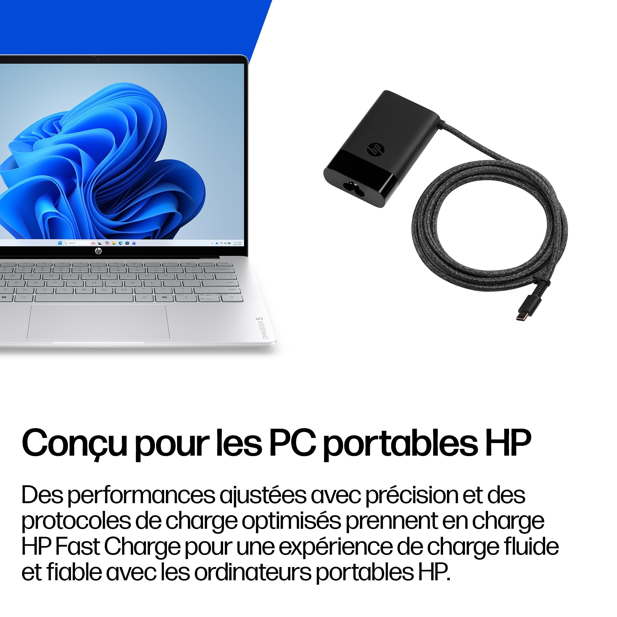HP Alimentation pour Ordinateur Portable USB-C GaN 65 W, Compatible avec Les PC HP équipés d'un Port USB-C, Noir