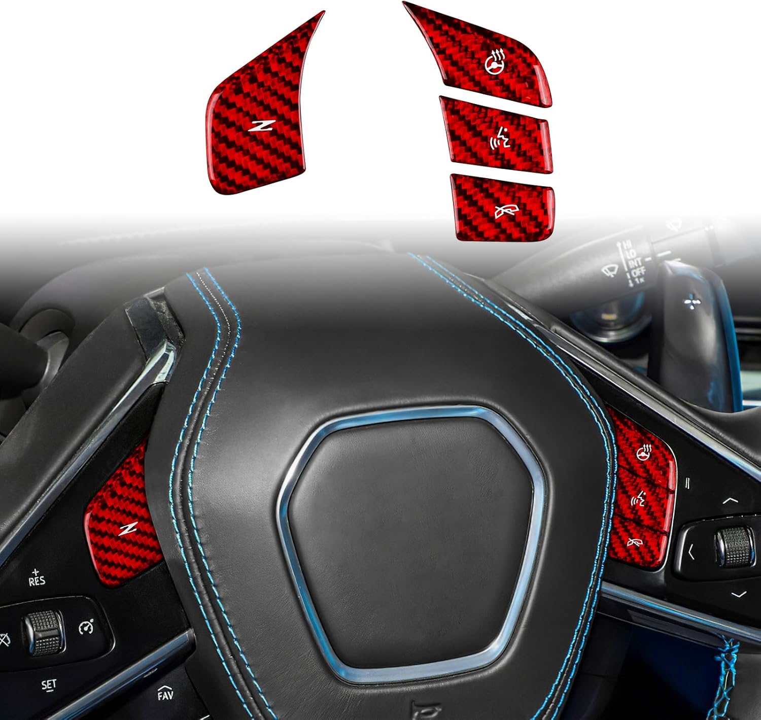 Hard Carbon Fiber, for Corvette C8 2020 2021 2022 2023 Accessories, Steering Wheel Voice Control Button Cover, 4Pcs Car Steering Wheel Button Sticker, with Heated Button