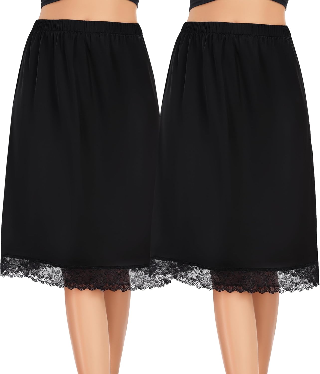Lovasy 2 Pieces Half Slips for Women Long Underskirt Anti Static Satin Under Skirt with Lace Trim Slip for Skirts Dress S-3XL