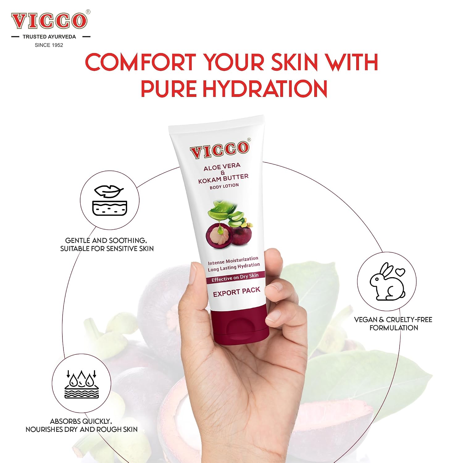 Vicco Aloe Vera and Mangosteen (kokum butter) Lotion for Body, Hands & Face, Soft-Absorbing Texture, 6.76 Fl Oz (Pack of 3)