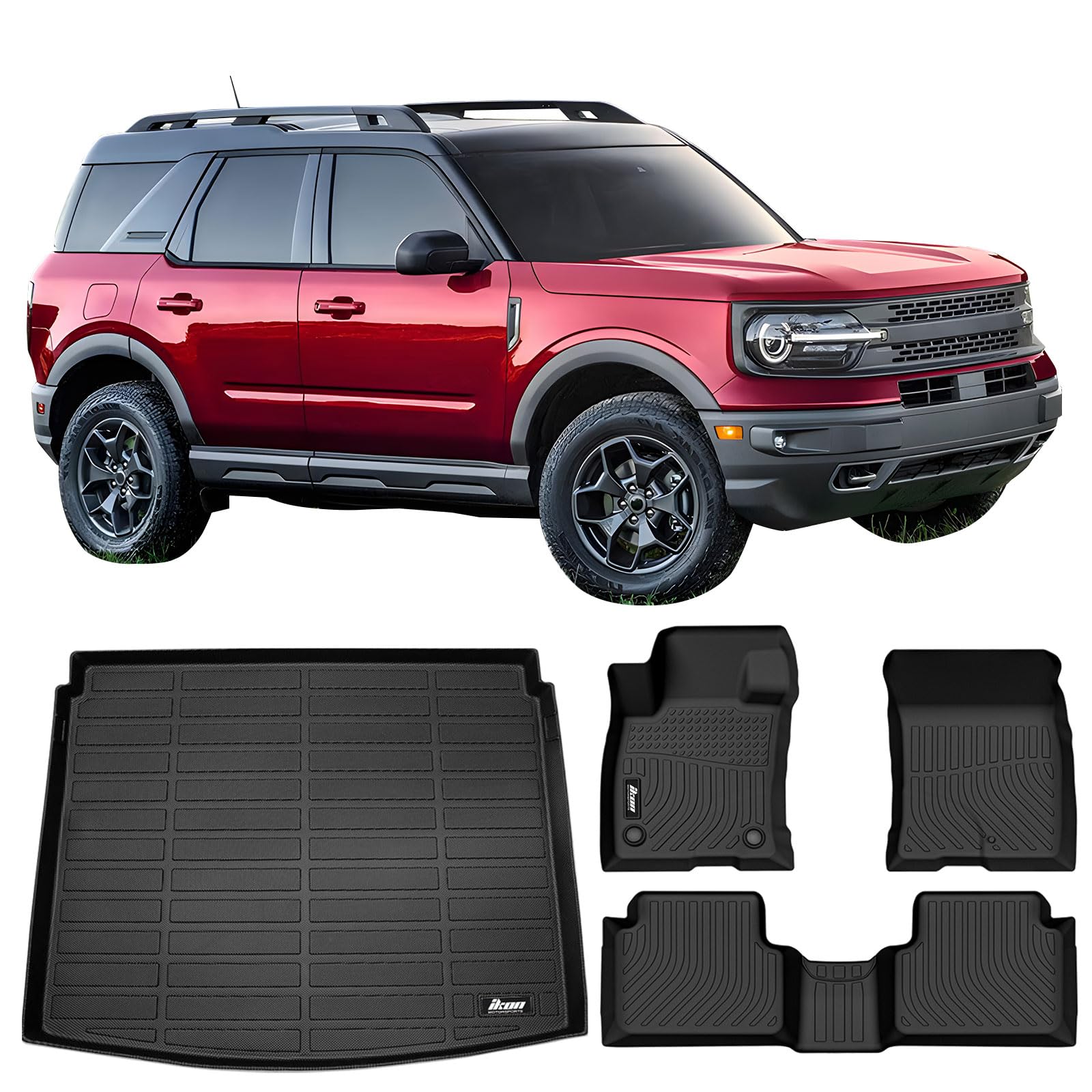 IKON MOTORSPORTS 3D TPE Floor Mats & Cargo Trunk Liner, Compatible with 2021-2025 Ford Bronco Sport, All Weather Waterproof Anti-Slip Floor Liners, Heavy Duty Rear Tray Cargo Mats Protector, Black