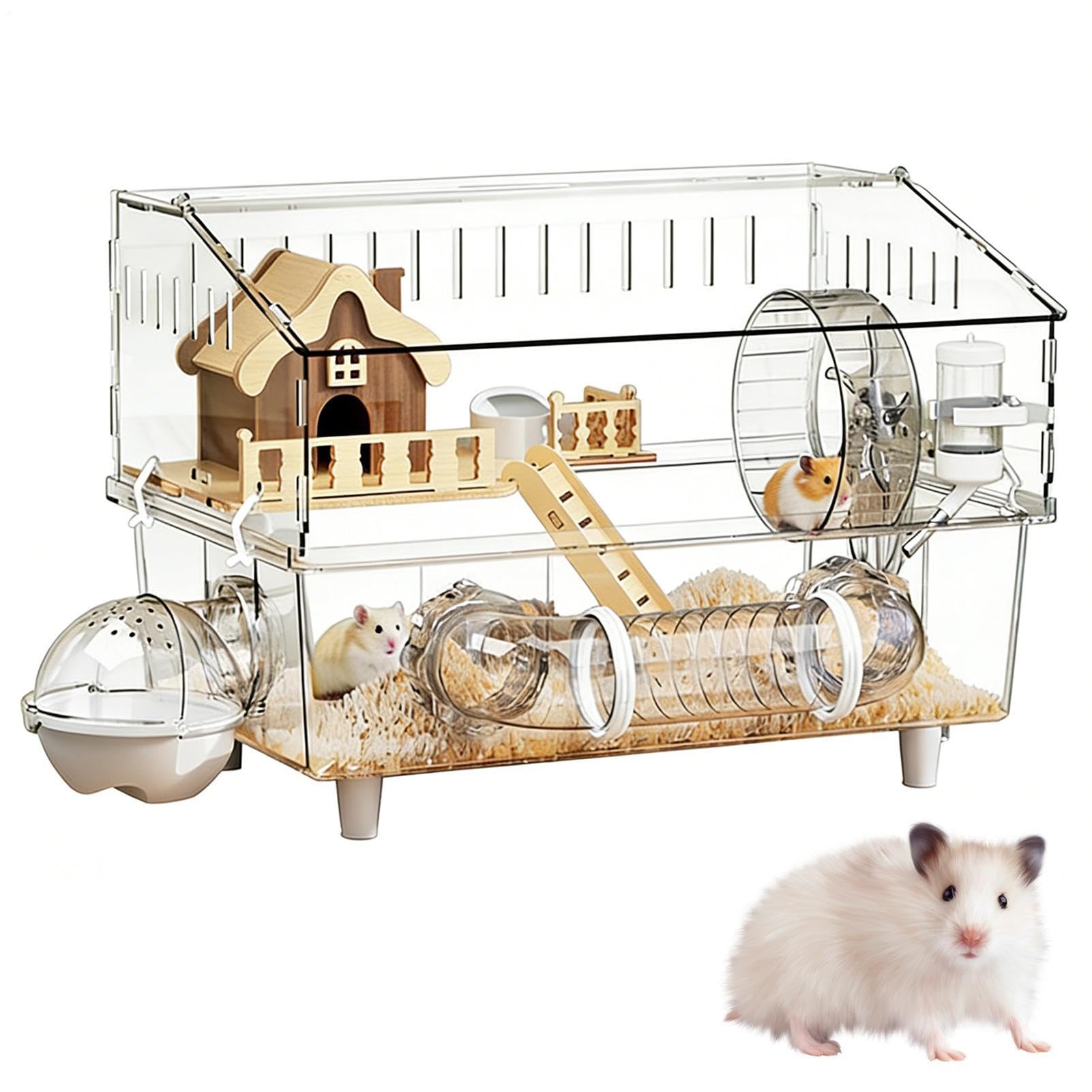Duża klatka dla chomika 2-poziomowy przejrzysty habitat dla gryzoni | Klatka dla Chomika Karłowatego Dla Świnki Morskiej, Małego Zwierzaka Domowego, Obserwacji, Wewnątrz i Na Zewnątrz