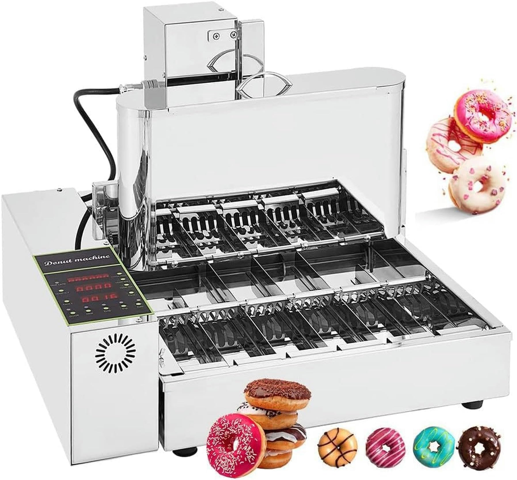 Donut-Maschine, Automatische Digitale Donut-Fritteuse Aus Edelstahl 304 Mit Intelligentem Bedienfeld, Einstellbare Donut-Dicke, Automatisches Wenden, 5,5-Liter-Trichter,（6Row）