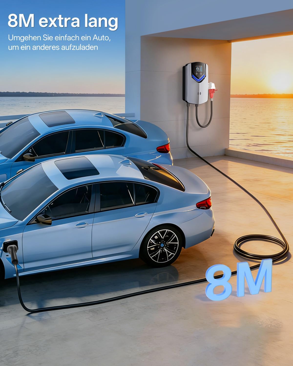 Wallbox 11kW mit APP & RFID – 3-Phasiges Typ 2 EV-Ladegerät 400V, 6–16 A, 8M Kabel mit Kabelhalter – RCD Typ B & IP54,Einstellung Startzeiteffiziente Ladestation für Zuhause für BEV PHEV
