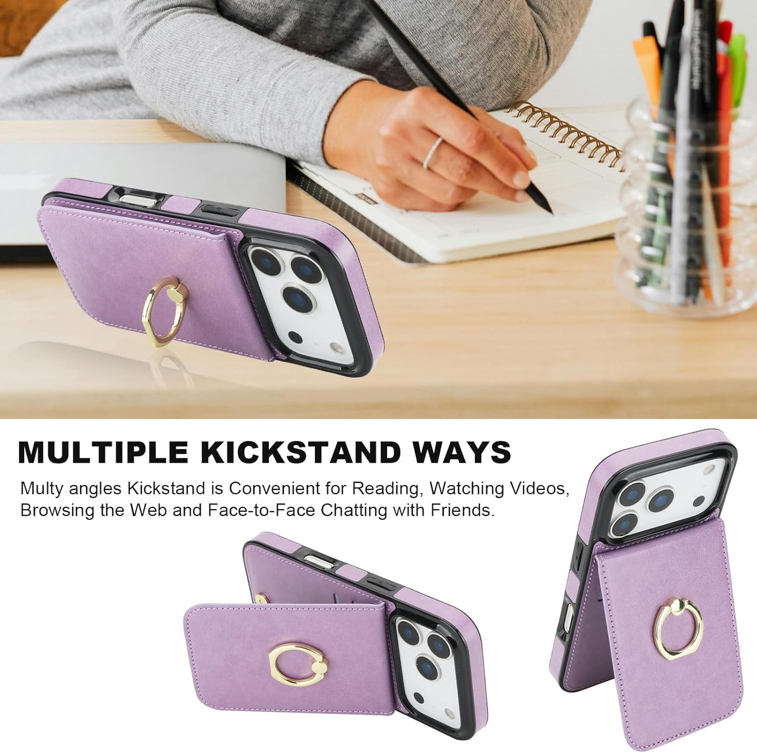 KIHUWEY for iPhone 17 Pro Case Wallet with Credit Card Holder, 360° Rotation Ring PU Leather Magnetic Clasp Kickstand Heavy Duty Protective Cover for Women and Men 6.3 Inch (Purple) - Image 6