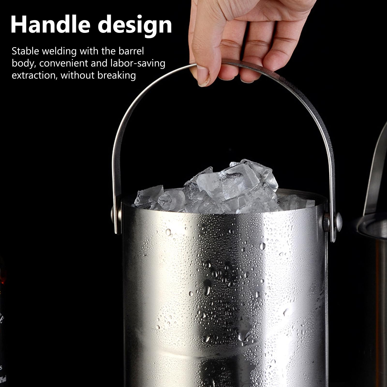 Contenitore per cubetti di ghiaccio, in acciaio inox, con coperchio, pinza e manico, 2 l, secchio isolato, ideale per il raffreddamento di birra, champagne