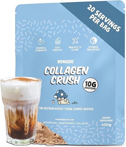 Renude Collagen Crush - Crema en polvo para café, péptidos de colágeno bovino alimentados con pasto, 0.35 oz de proteína por porción, soporte para