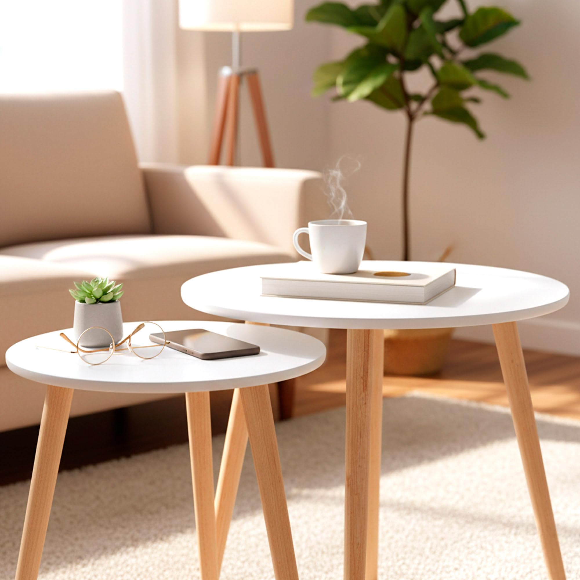 AKTIVE Max Home Set di 2 tavolini, D50xH50 cm e D40xH44 cm, Portata massima 5kg, Nido, Bianco, Gambe in legno naturale, Per soggiorno, Sala da pranzo, Ufficio (18510)