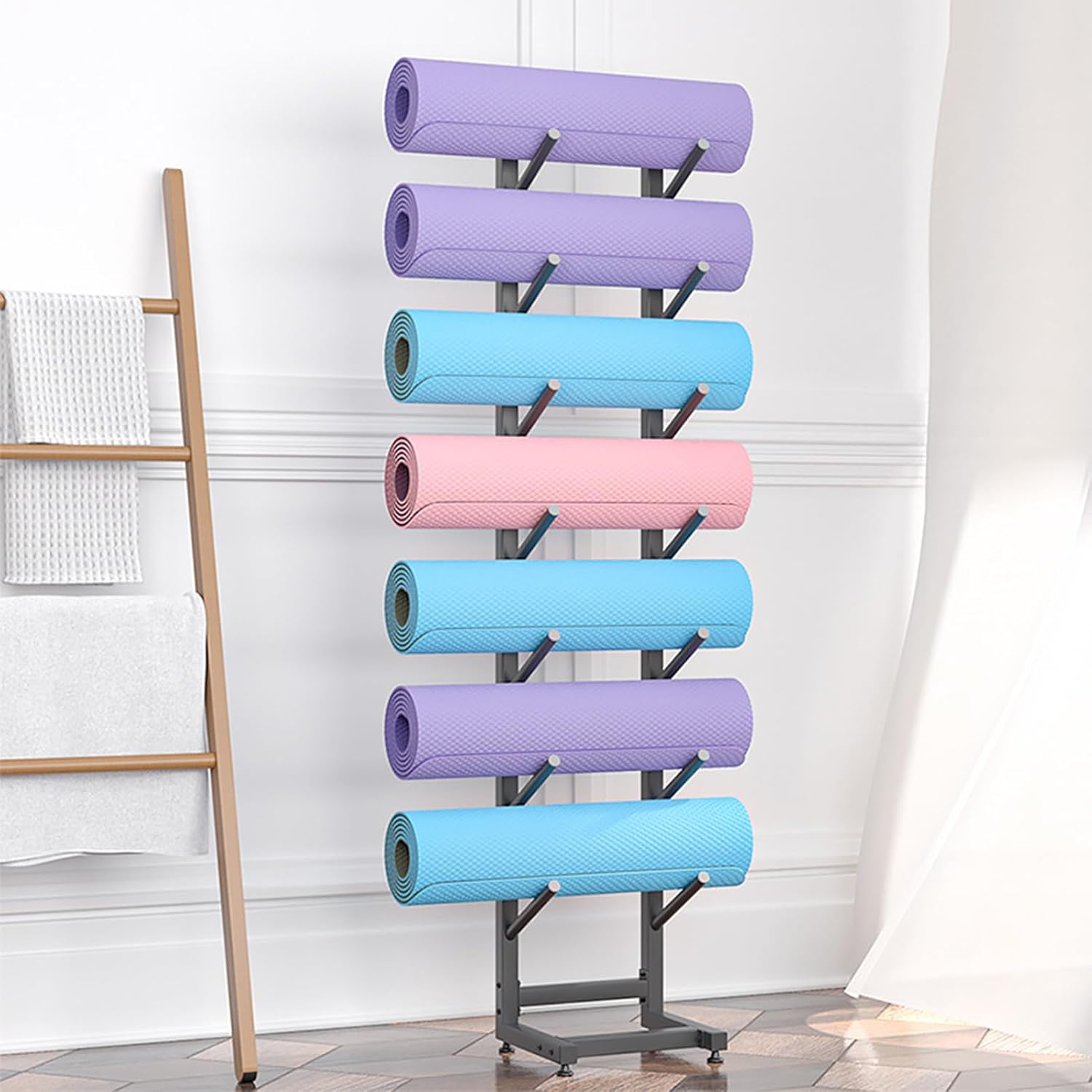 Floor-Standing Yoga Mat Holder, 5/7 Layers Metal Storage Rack for Yoga Mat, Foam Roller and Block Etcs Large Capacity Storage Rack for Home Gym/Commercial (Black,7 layers single row)
