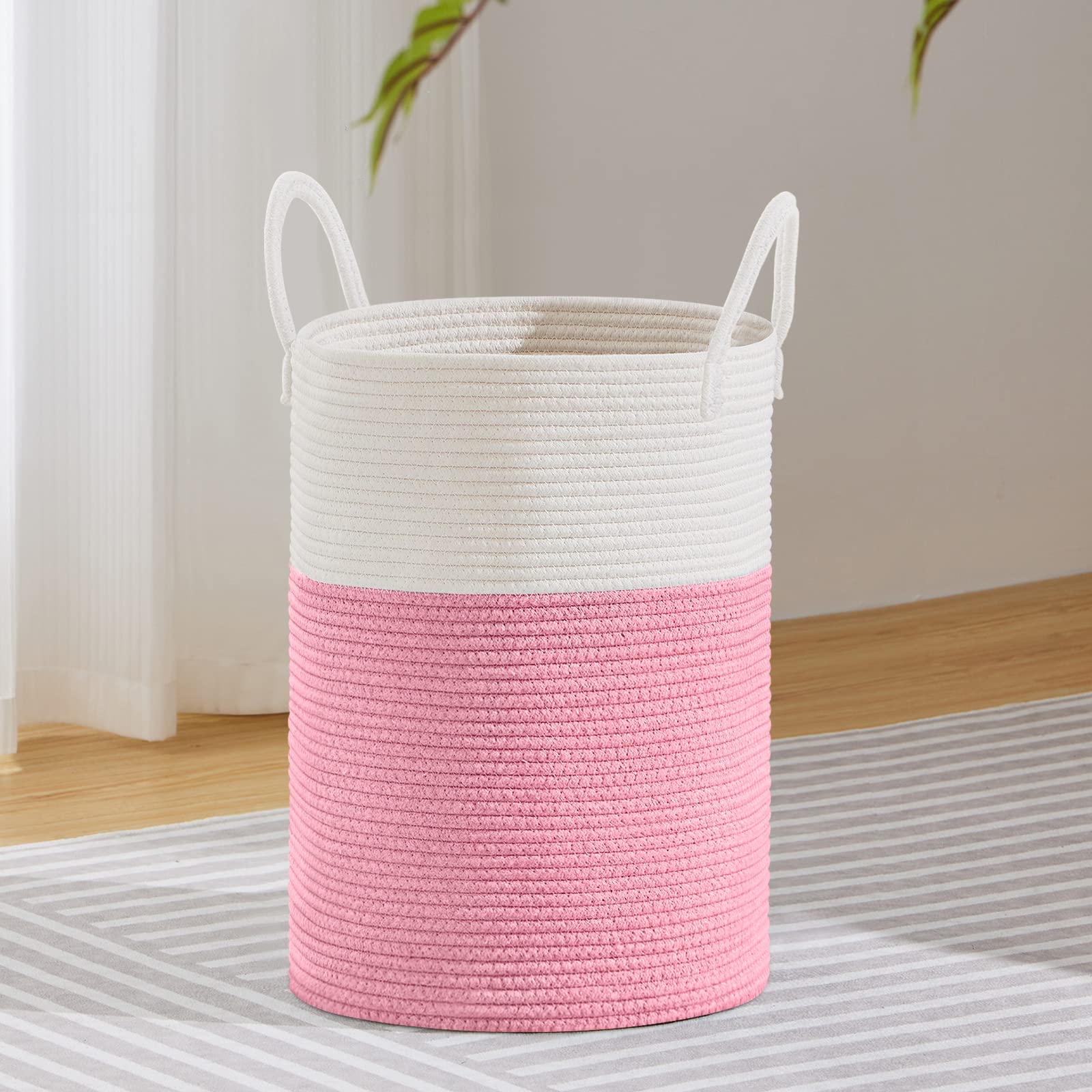 VIPOSCO Tall Laundry Hamper, Woven Rope Storage Basket for Blanket, Toys, Dirty Clothes in Living Room, Bathroom, Bedroom - 30L Pink & White — image 1
