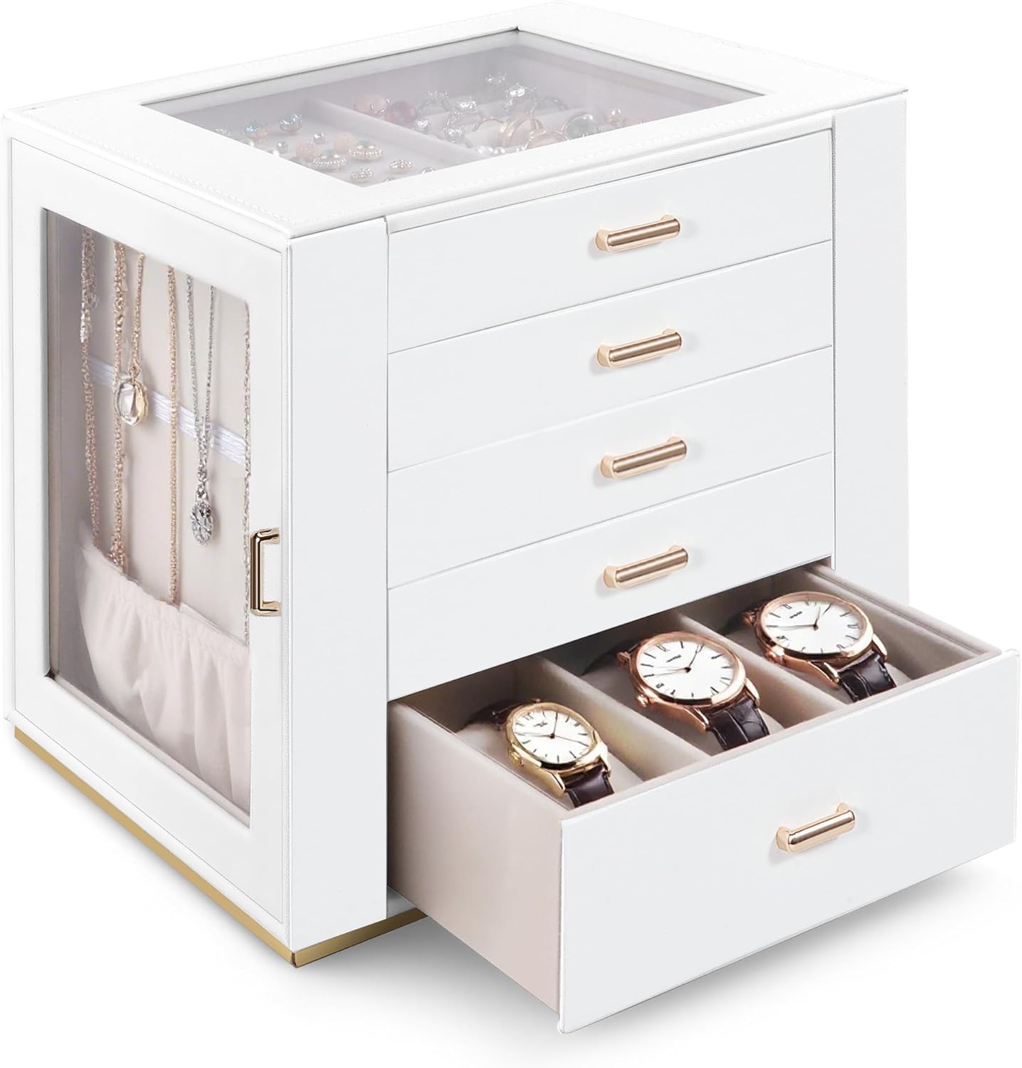 jewelry box 5 layer for women, glass lid jewelry organizer with 5 drawers for necklaces rings earrings bracelets, functional pu leather jewelry storage case holder (white)