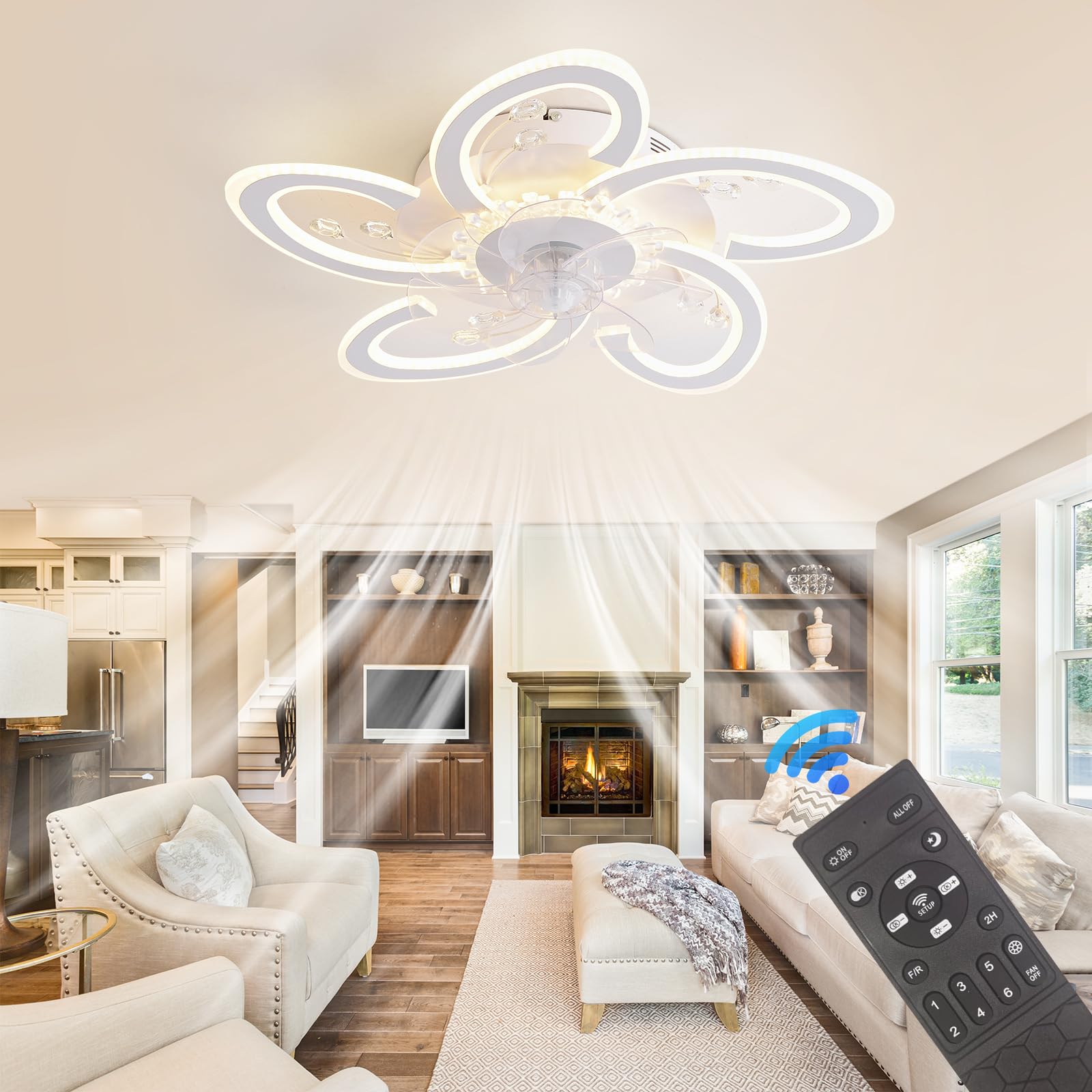 Sierjian 22.8 Inch Ceiling Fan with Remote Control, Modern Ceiling Fan, Petal Ceiling Fans with 6 Speeds and Remote Control for Bedroom