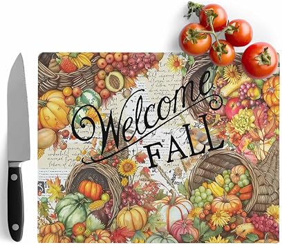 Cutting Board for Kitchen Welcome Fall Colorful Fruits Robin Basket Newspaper Texture Dishwasher Safe Tempered Glass Cutting Boards Chopping Boards with Non Slip Feet for Counter 7.9" x 11"