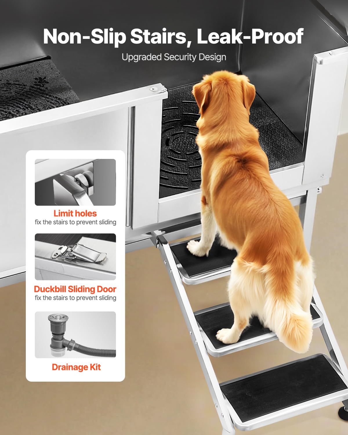 VEVOR Baignoire de Chien Acier Inoxydable, Baignoire de Toilettage pour Animaux de Compagnie 150 cm Station de Lavage Chat, avec Escalier, Panneau Filtre à Eau, Robinet, Pommeau Douche, Porte Droite