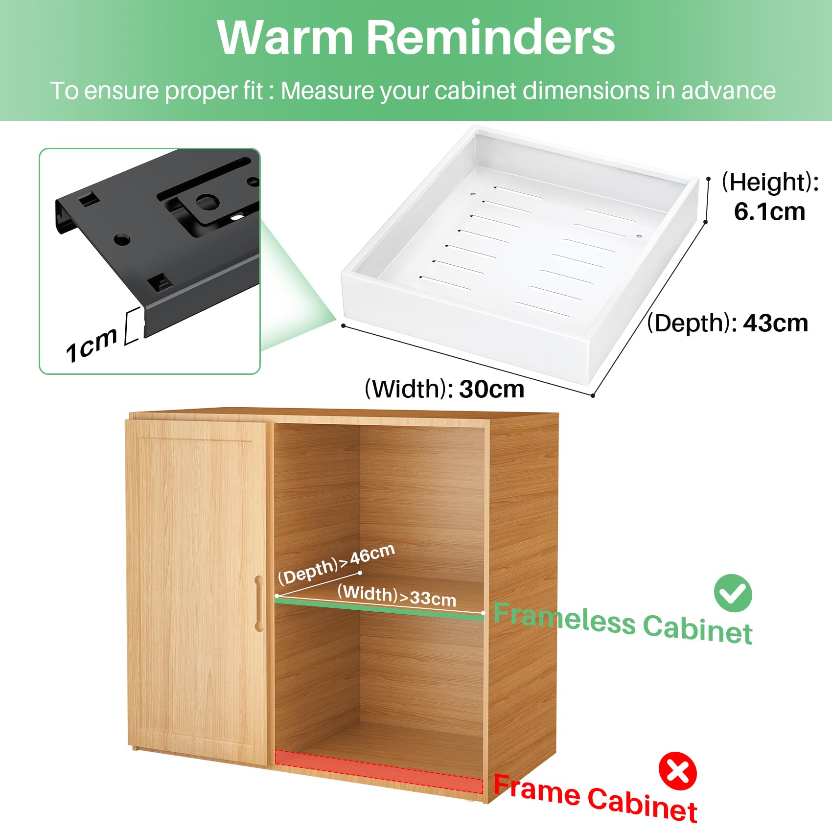 SAYZH Pull Out Cabinet Organiser, Slide Out Drawer Storage Shelves for Kitchen Cupboard, Roll-Out Extendable Sliding Drawer, (43 CM Depth x 30 CM Width x 9CM Height)，No Need Drill and Nailing (White) — view 2