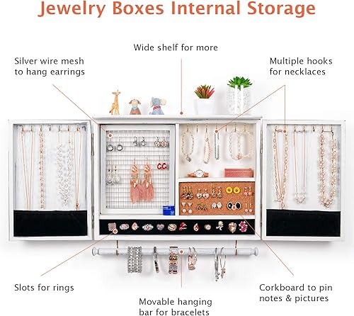 Miniatura 2 de XCSOURCE Organizador de joyas para colgar en la pared, organizador de joyas de malla para montar en la pared, soporte de madera para collares,