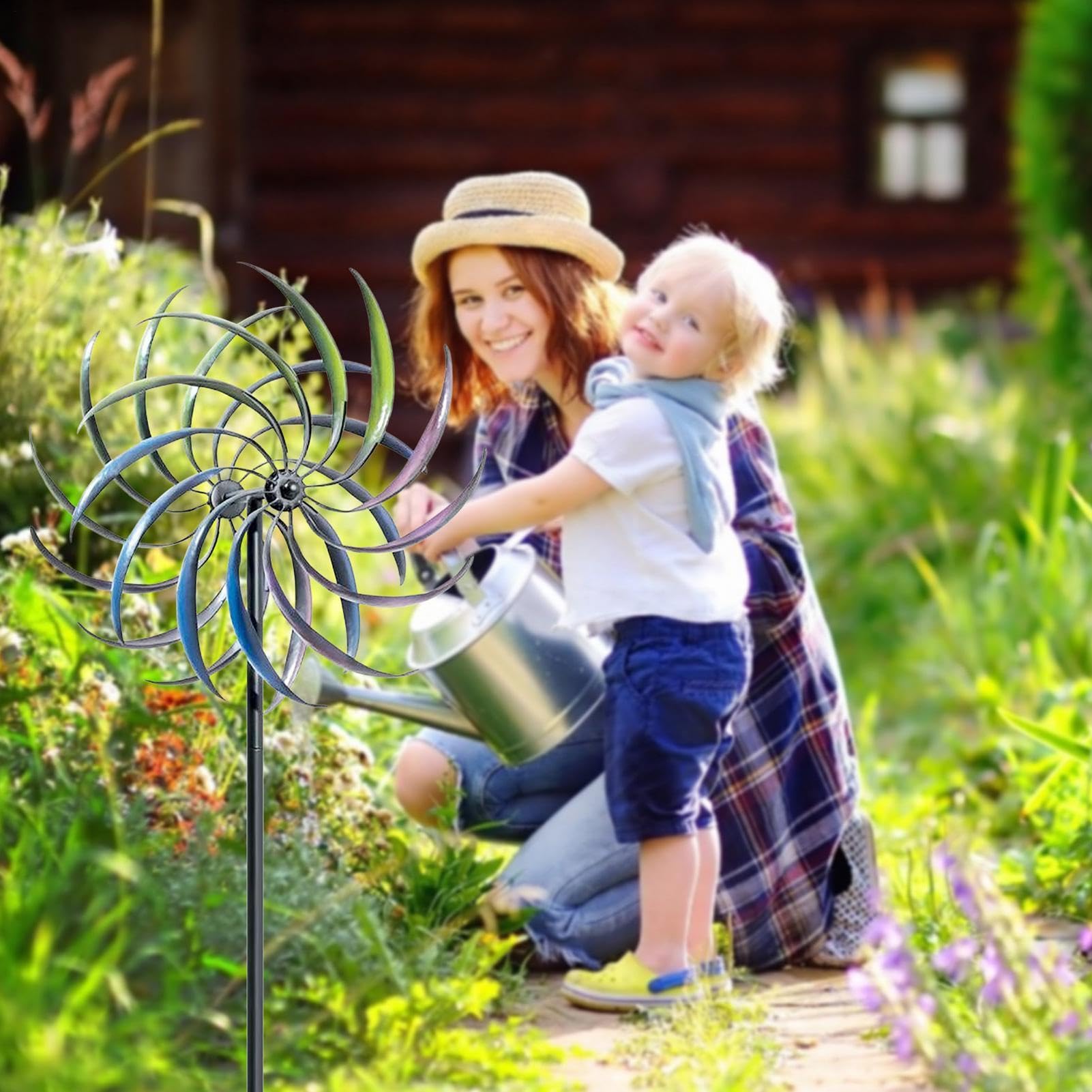 Metall Doppel Windrad mit Gegenläufigen Rotoren | 200x40cm Windspiel Windmühle für Garten | Wetterfest und Standfest Garten Wind Spinner, Gartendeko Gartenstecker für Draußen