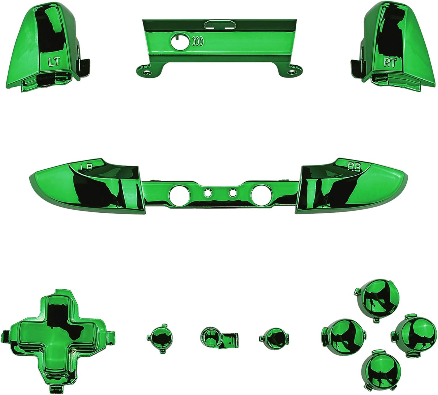 eXtremeRate LB RB LT RT Bumpers Triggers D-Pad ABXY Start Back Sync Buttons, Chrome Green Full Set Buttons Repair Kits with Tools for Xbox One S & Xbox One X Controller (Model 1708)