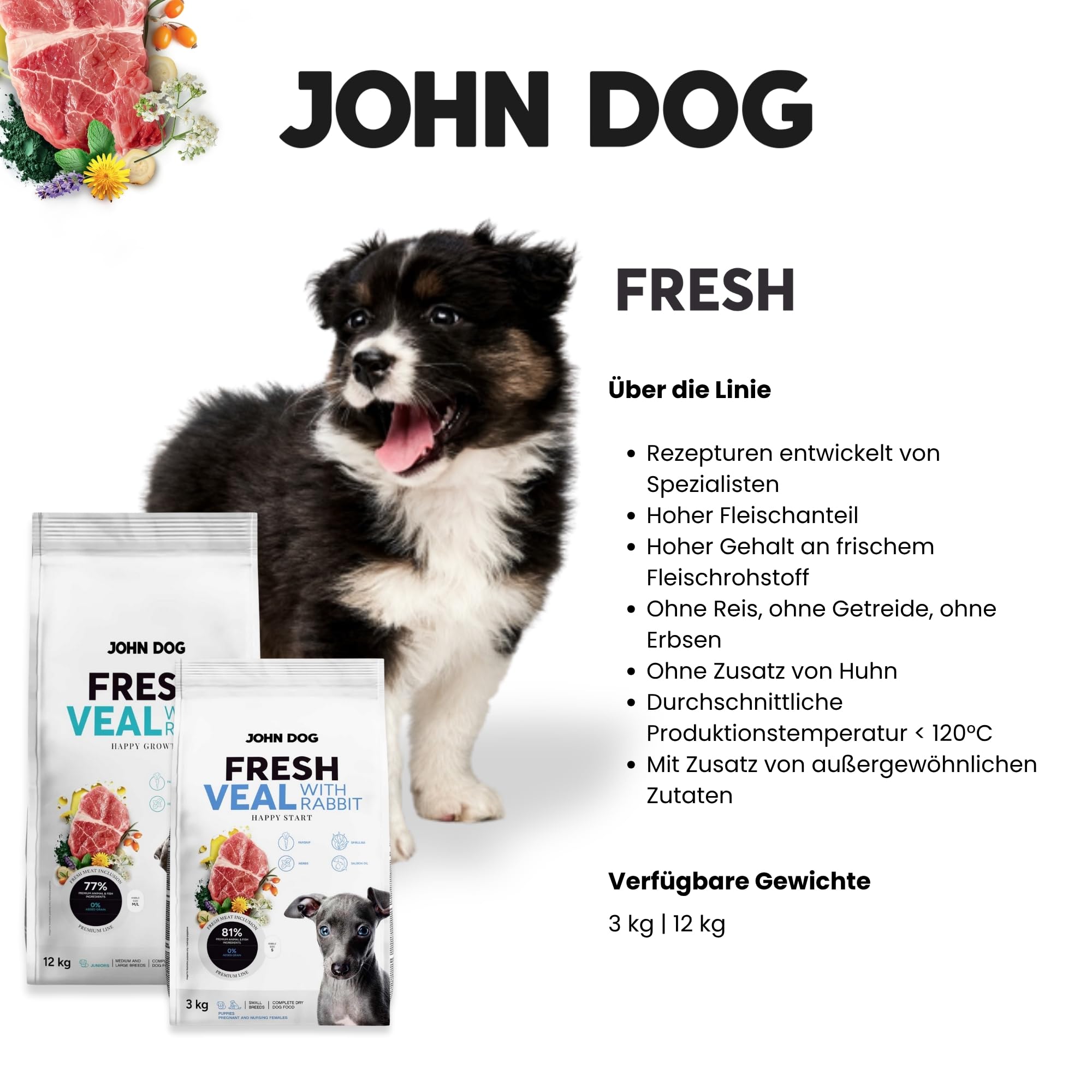 JOHN DOG Premium Welpenfutter Fresh Kalb & Kaninchen - Puppy Trockenfutter für Welpen mit 77% Fleischanteil - ohne Getreide und Huhn - Hundefutter trocken aus natürlichen Zutaten 12kg