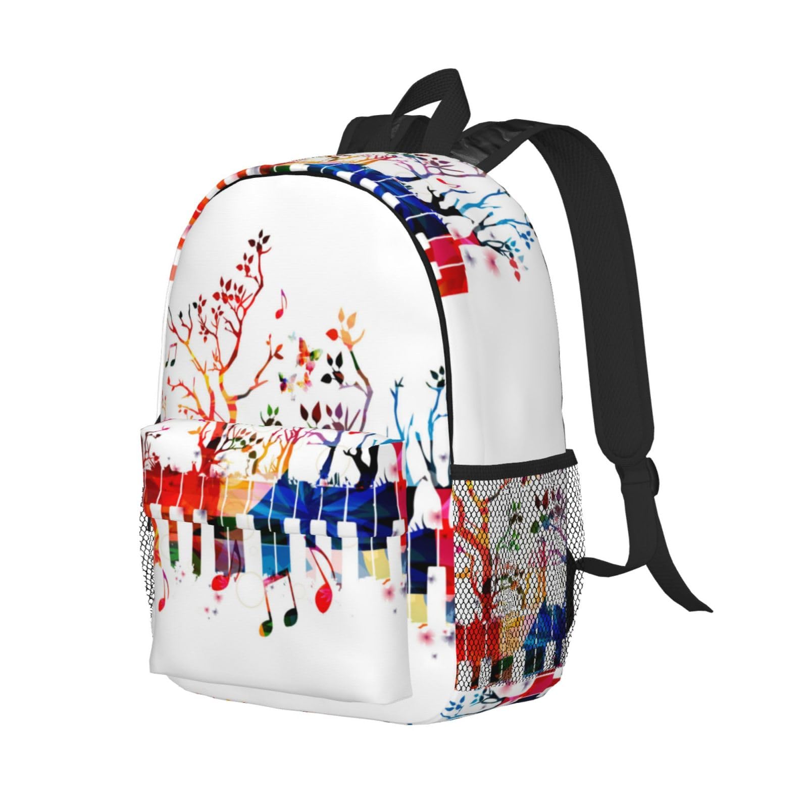 Zaino colorato con tastiera di pianoforte e note musicali, zaino leggero da viaggio casual