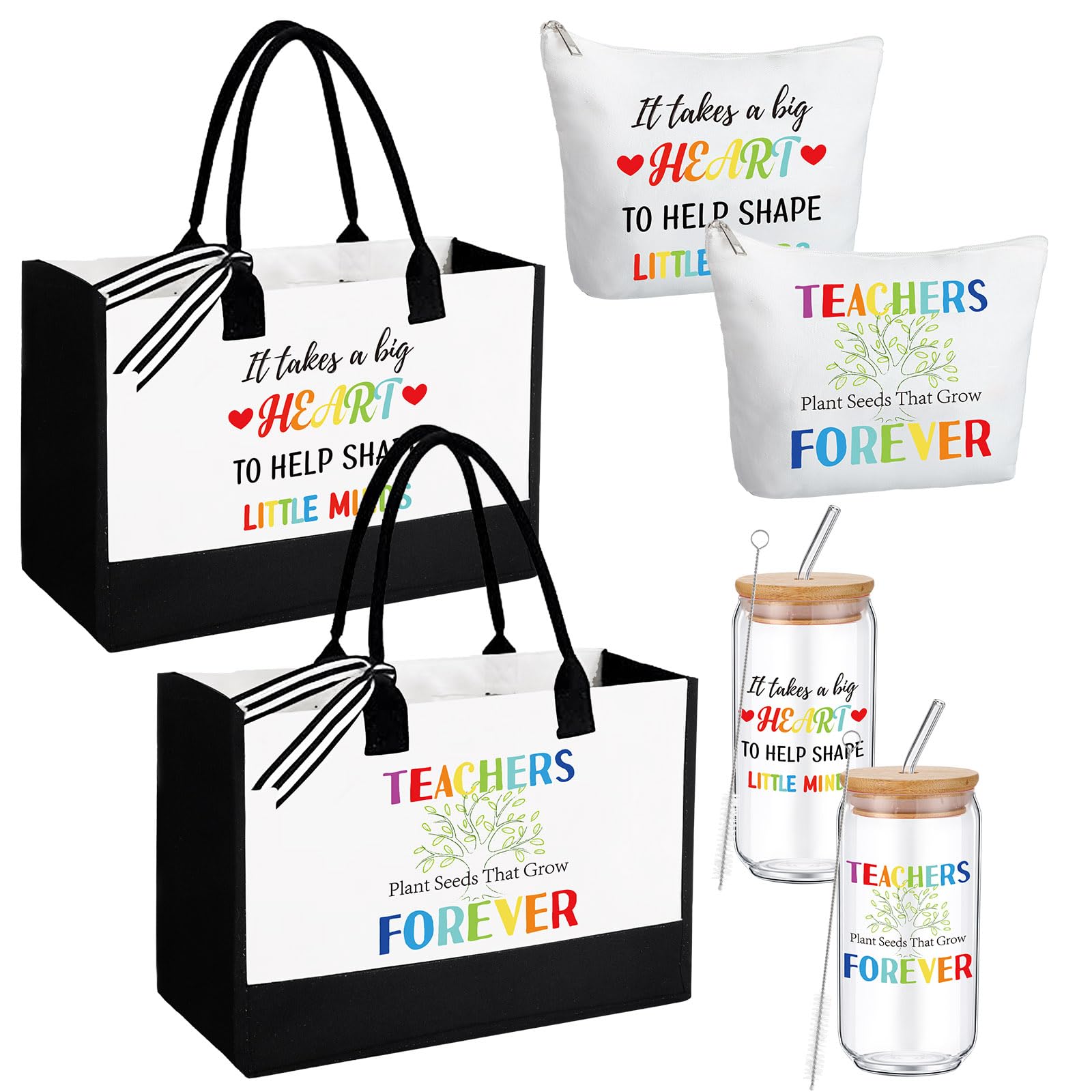 Hushee 6 piezas de regalo para profesores de regreso a clases, juego de regalo de agradecimiento para profesores, bolsa de mano, vaso y bolsa de maquillaje para educador mentor, Varios colores, 17 x
