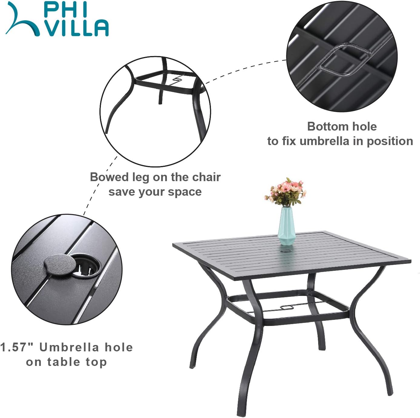 PHI VILLA 5-Piece Metal Patio Outdoor Table and Chairs Dining Set- 37" Square Bistro Table and 4 Backyard Garden Chairs, Table with 1.57" Umbrella Hole : Patio, Lawn & Garden