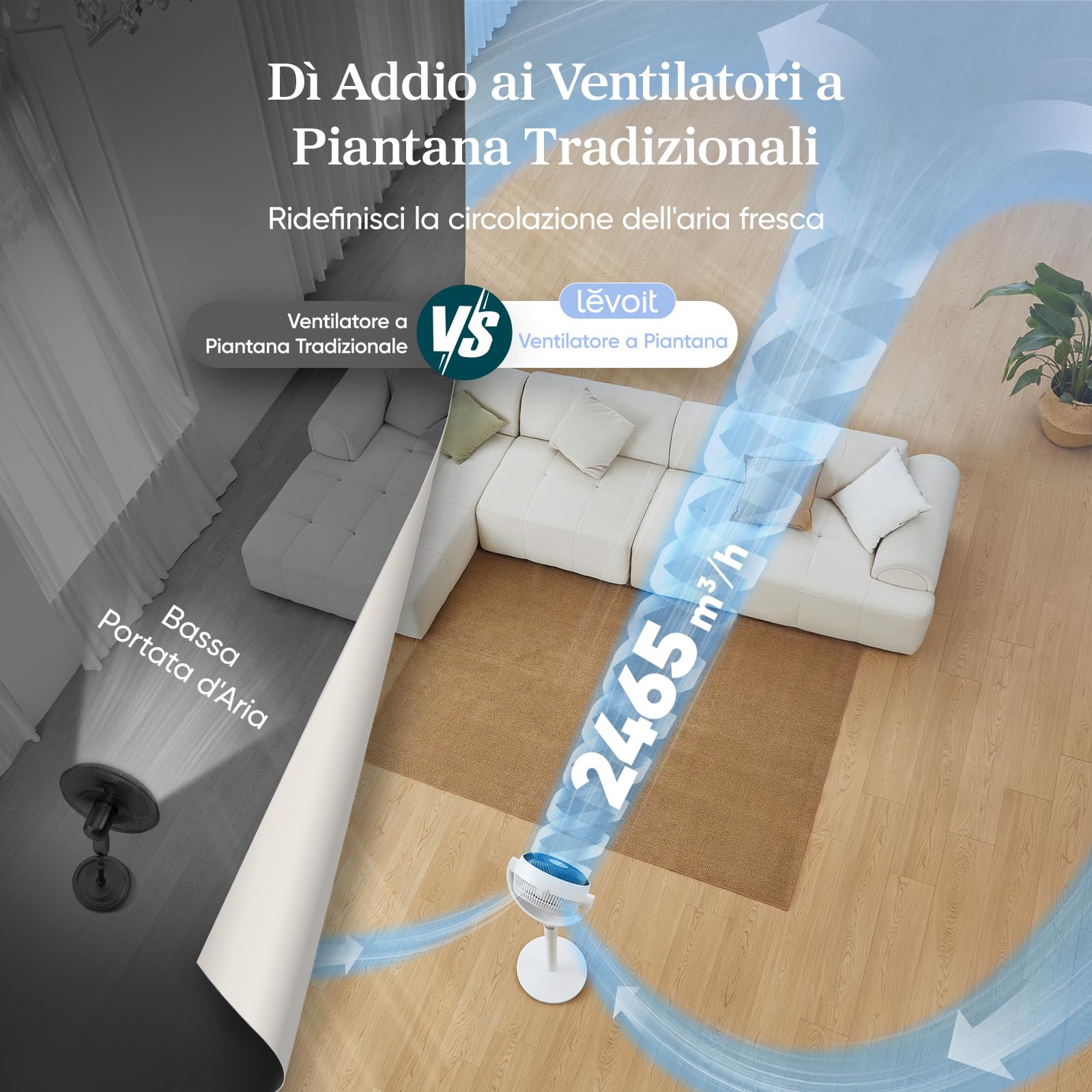 LEVOIT Ventilatore a Piantana 20dB, Ventilatore Silenzioso per Camera da Letto, Ventilatori da Tavolo 2 in 1 Fino a 30m, Oscillazione 90°+120° con Telecomando, 12 Velocità, 4 Modalità, Timer 12 Ore