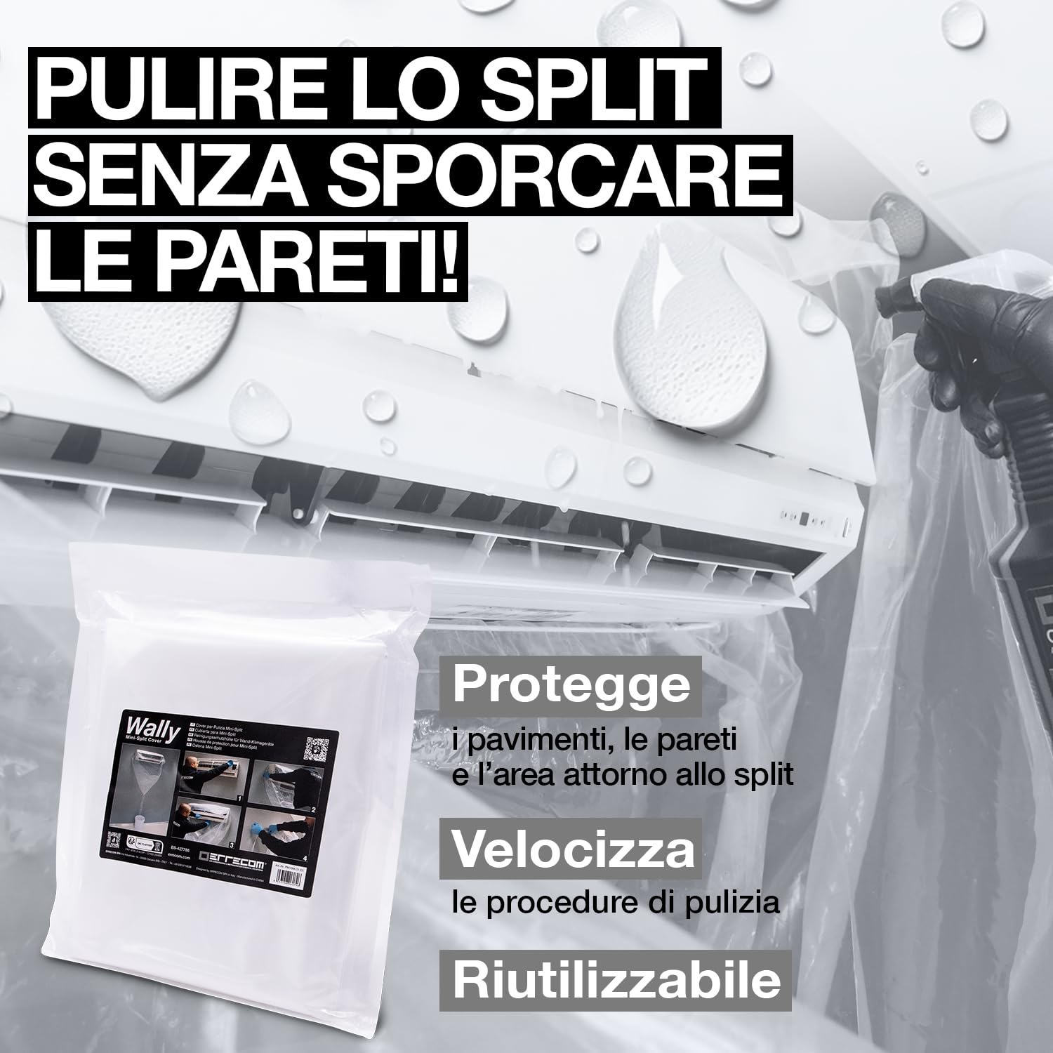 Errecom Kit pulizia completa climatizzatori, include cover protettiva Wally e aerosol 600mL pulizia unità interna, Bio Acid e Bio Alkaline 2L con tensioattivi bio pulizia unità esterna, guanti