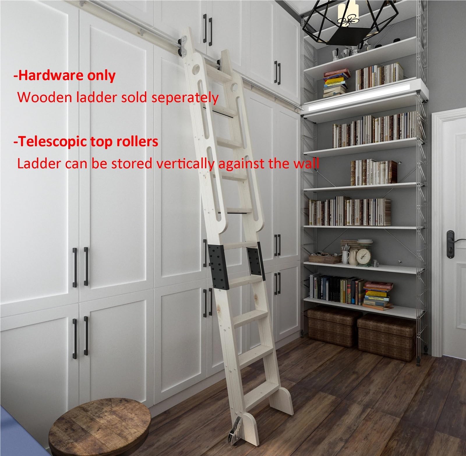2 m Silberne verschiebbare Bibliotheksleiter-Hardware, einziehbare obere Rolle, Heimbüro, Bibliothek, Rollschienen-Set, Bodenrad mit Bremsen Rollende Bibliotheksleiter-Kit