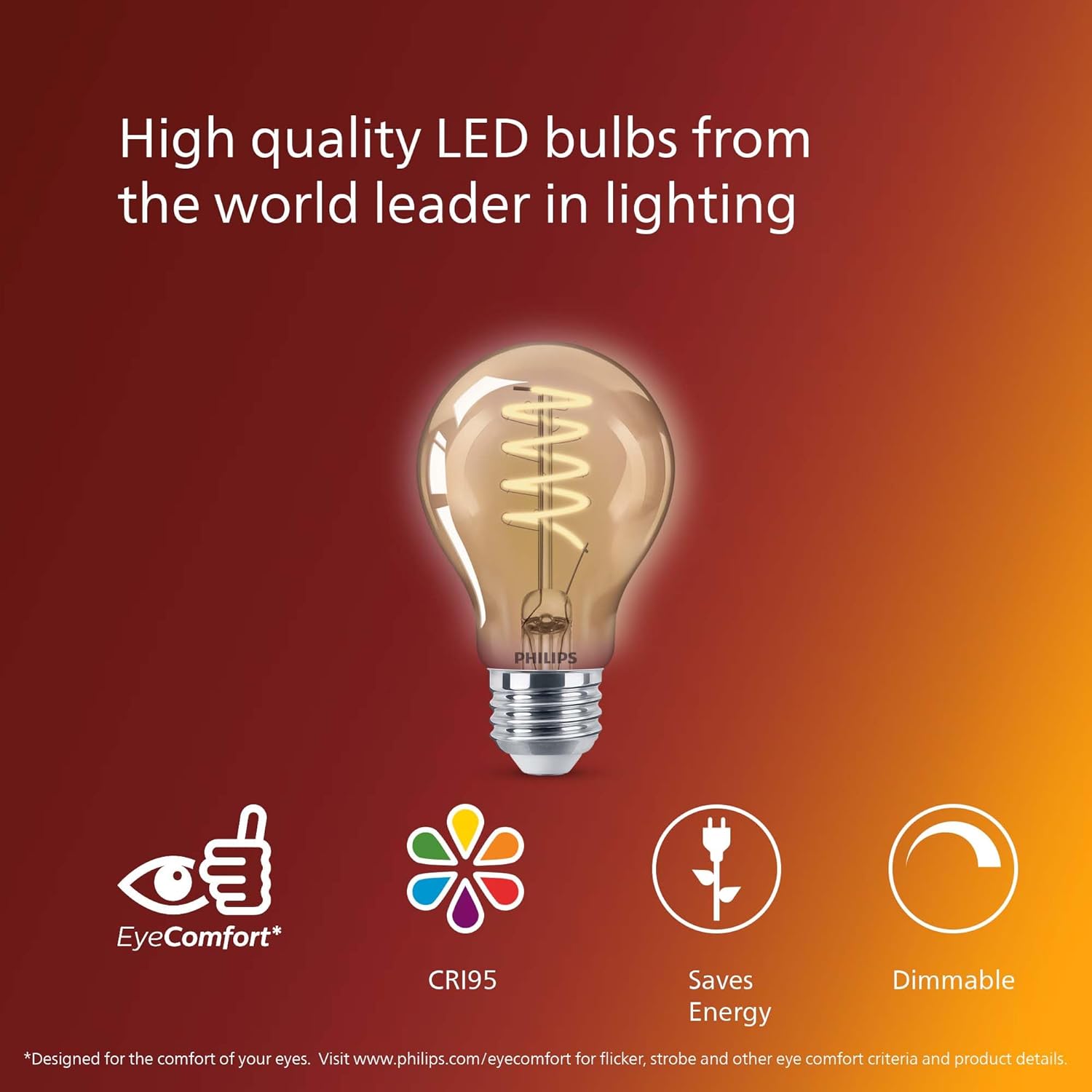 PHILIPS LED 60W A19 1-Pack Vintage Edison Spiral Amber (2000K) 400 Lumen (6.5W = 60W) Dimmable Flicker-Free Light Bulb