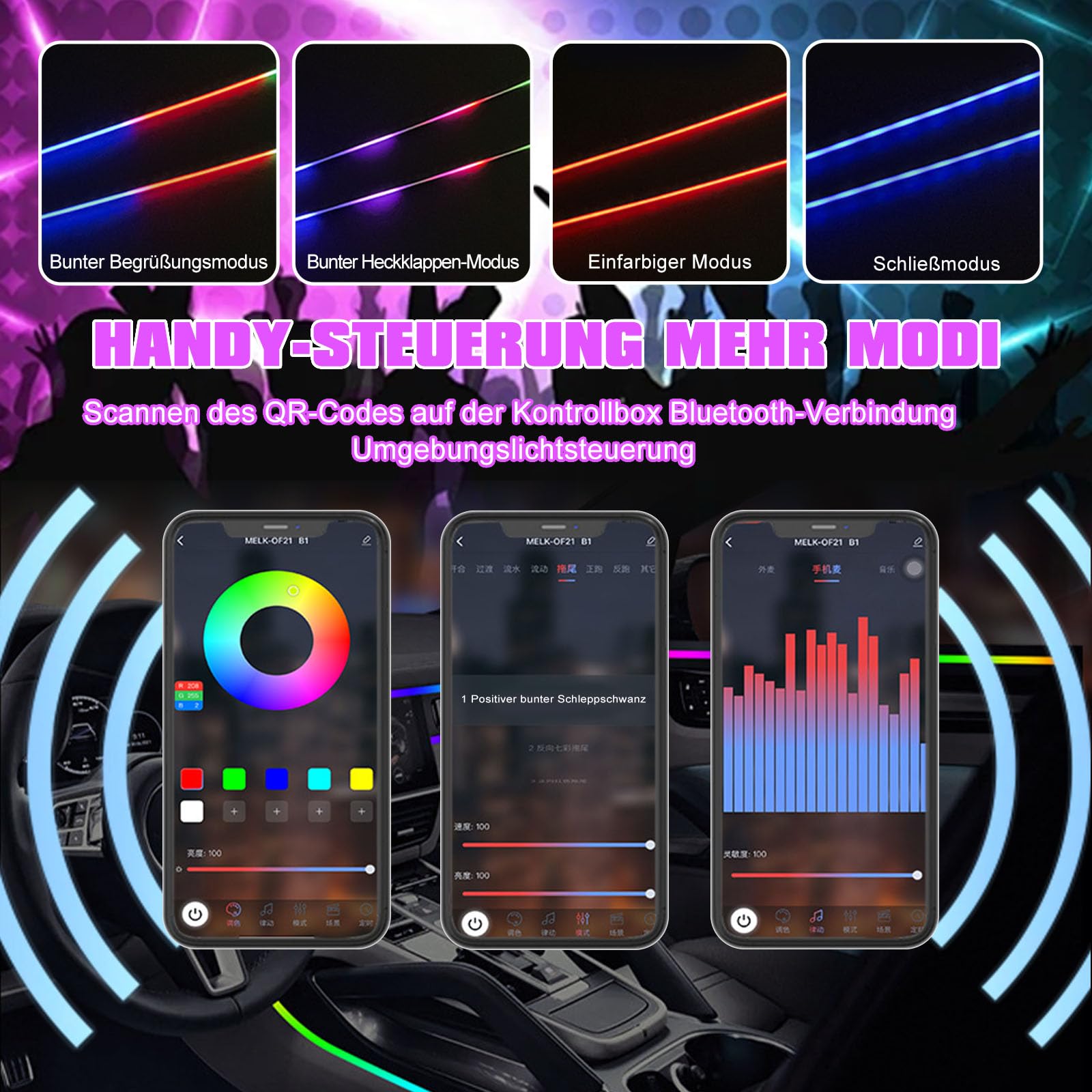 Oświetlenie wewnętrzne LED do samochodu, 6/10 w 1, RGB, akrylowa taśma z aplikacją i pilotem zdalnego sterowania, neonowe listwy świetlne, wielokolorowa, migająca zmiana kolorów z muzyką (bez światła