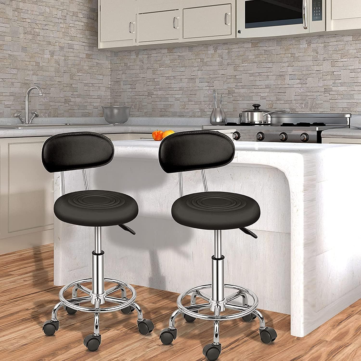 Taburete con Ruedas, Taburete Ergonómico con Respaldo, Giro de 360 Grados, Altura Ajustable de 48 a 58 cm para Oficina, Salón, Bar, SPA (1, Negro)