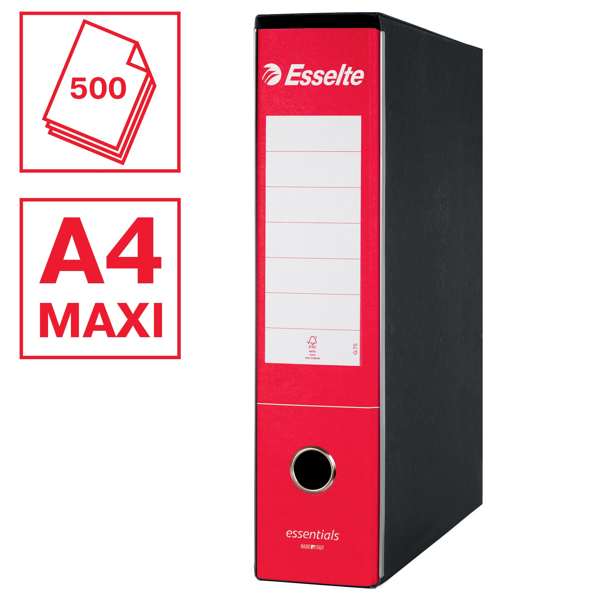Esselte ESSENTIALS G75 Registratore con Custodia, con Meccanismo a Leva, in Formato Protocollo, 23x33cm, con Dorso da 8 cm, Rosso, Conf.da 6 pezzi, 390775160