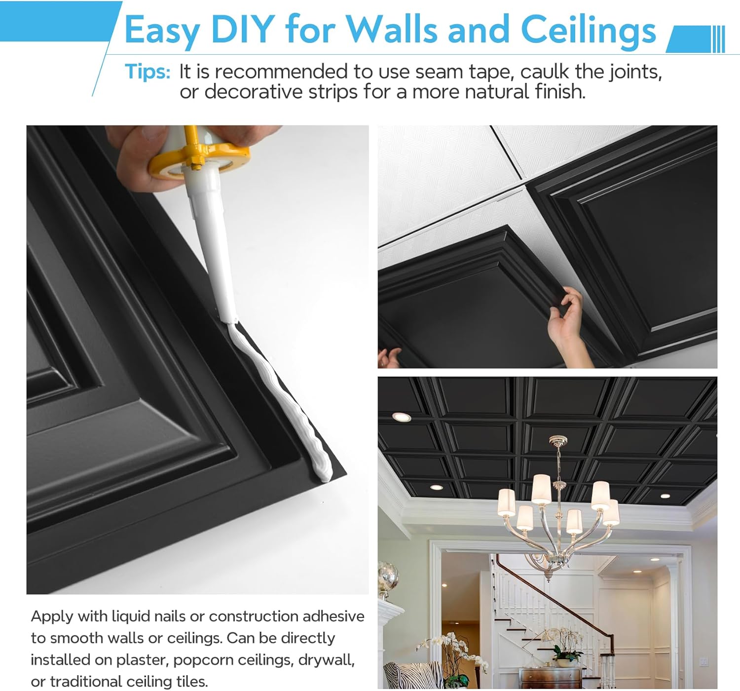 STICKGOO Drop Ceiling Tiles 24x24 PVC Glue Up Ceiling Panel to Prevent Breakage Pack of 12 Tiles Cover 48 Sq. Ft, Black