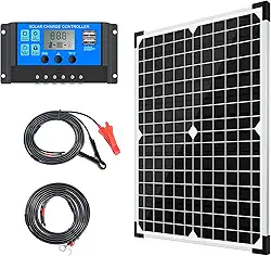 Apowery Kit de painel solar 20W 12V monocristalino com controlador de carga solar 10A + cabo de extensão com clipes de bateria, terminal de anel de vedação para sistema de RV Marine Boat Off Grid