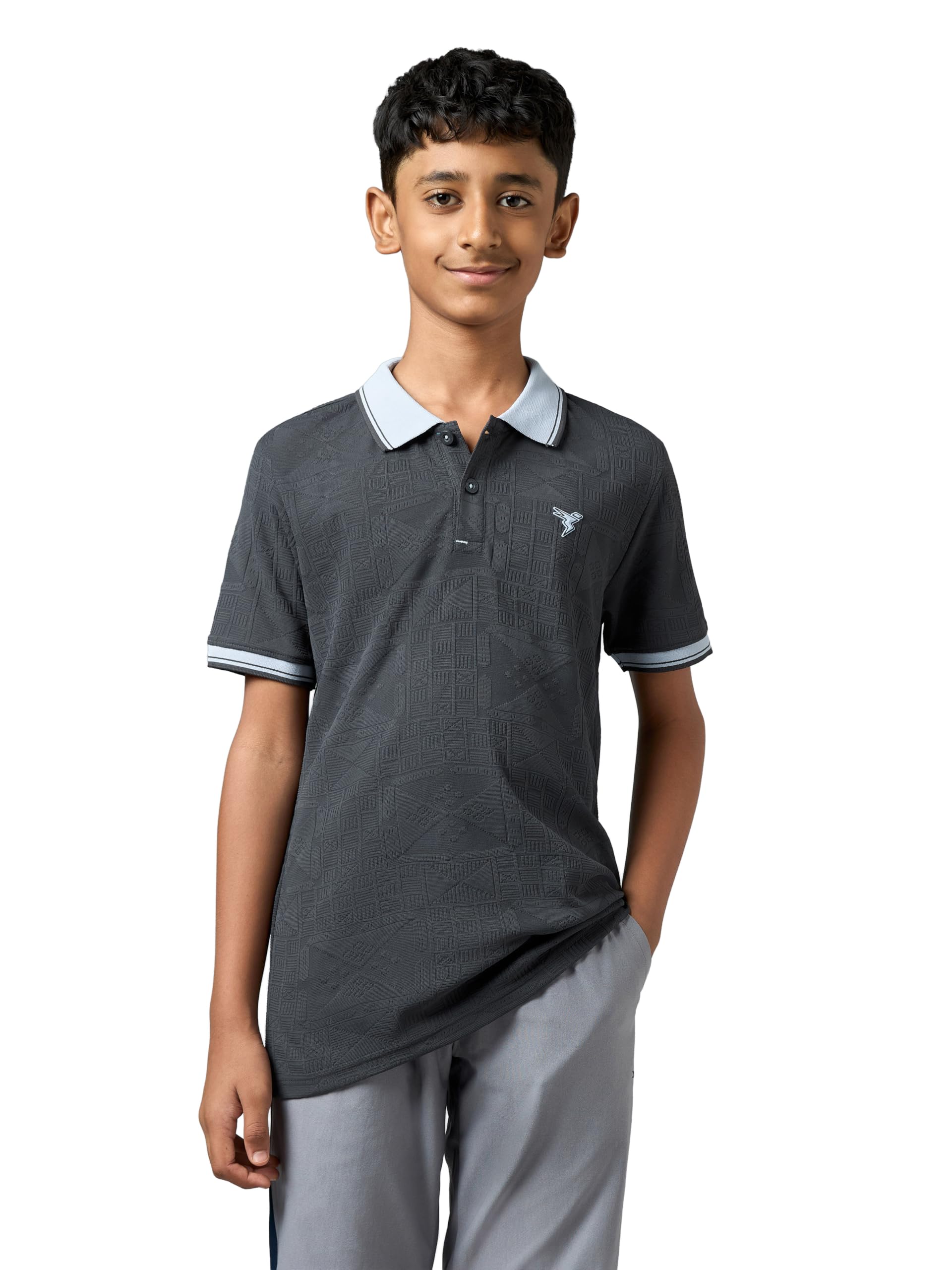 TECHNOSPORT Boys Printed Polo Sports T Shirt COTFLEX Quick Dry Cotton Feel 4 Way Stretch Polyester Slim Fit Collared Athletic Tee Short Sleeve School Sports Activewear-image-42