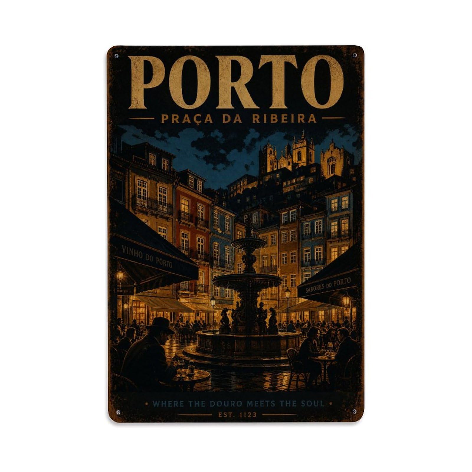 Yrnq 08X12inch Vintage Style Vintage Ribeira Square Medieval Architecture Portugal Metal Tin Sign