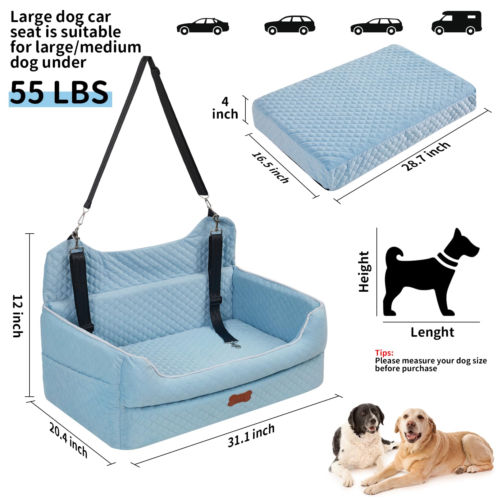 Dog Car Seat For Large Dogs (Up To 55 Lbs) – Elevated Bed With Safety Belt, Washable Cover, Storage Pockets